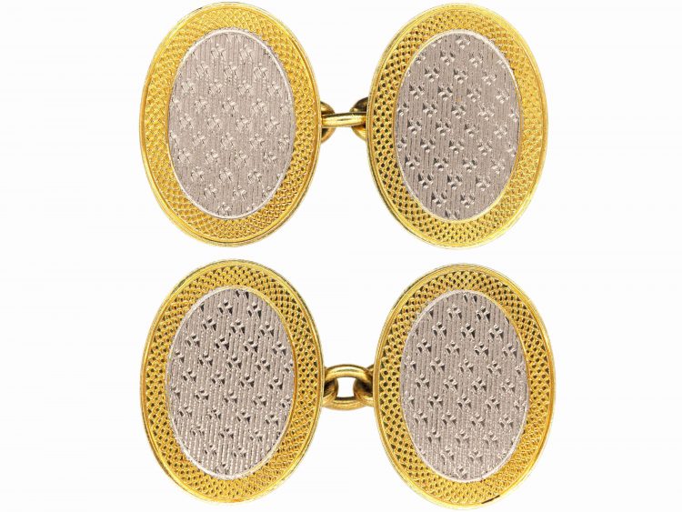 Art Deco 18ct Gold & Platinum Oval Cufflinks with Engine Turned Detail