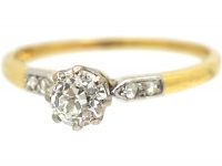 Art Deco 18ct Gold & Platinum, Diamond Solitaire Ring with Diamond Set Shoulders