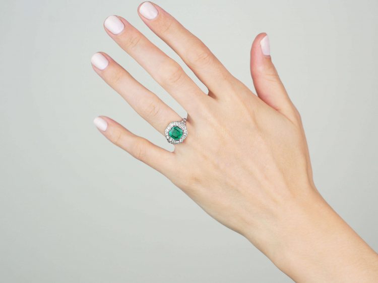 Art Deco 18ct White Gold, Columbian Emerald & Diamond Ring
