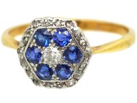 Edwardian 18ct Gold & Platinum, Sapphire & Diamond Hexagonal Cluster Ring