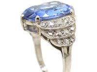 Art Deco 18ct White Gold, Large Ceylon Sapphire Ring with Old Mine Cut Stepped Shoulders