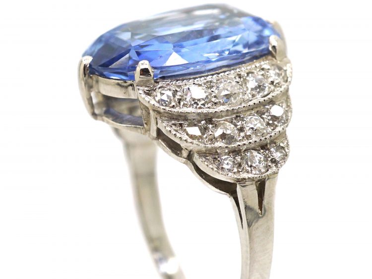 Art Deco 18ct White Gold, Large Ceylon Sapphire Ring with Old Mine Cut Stepped Shoulders