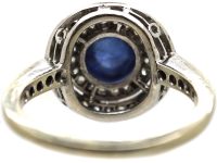 Art Deco Platinum, Cabochon Sapphire & Two Circle Diamond Ring