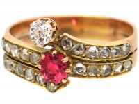 Art Deco Gold, Spinel and Rose Cut Diamond Wrap Around Ring