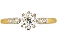 Art Deco 18ct Gold & Platinum, Diamond Solitaire Ring with Diamond Set Shoulders