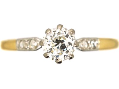 Art Deco 18ct Gold & Platinum, Diamond Solitaire Ring with Diamond Set Shoulders