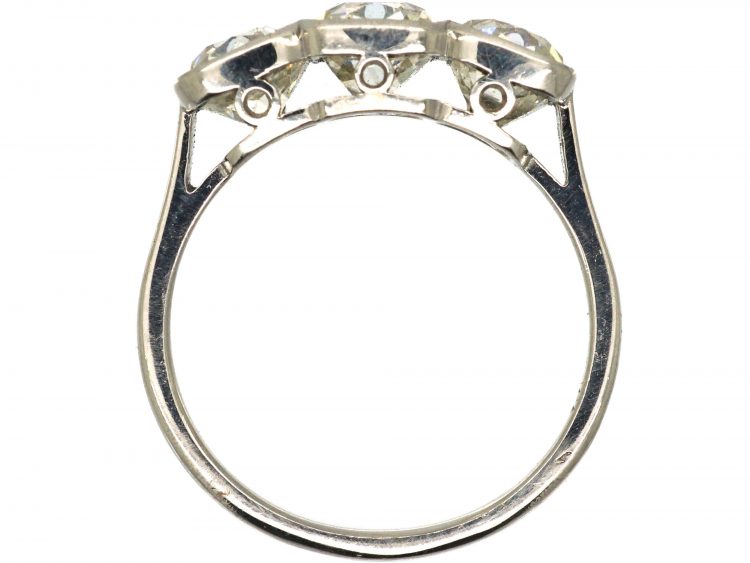Art Deco Platinum, Large Three Stone Cushion Cut Diamond Ring