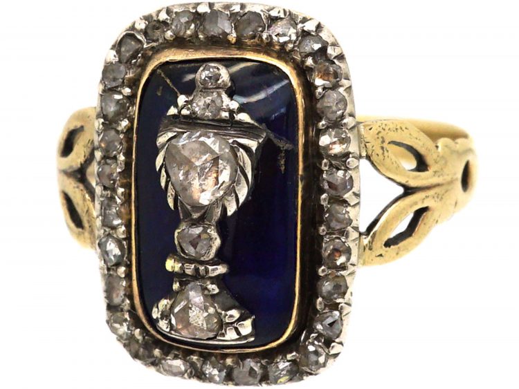 Georgian 15ct Gold & Silver, Rose Diamond & Blue Glass Urn Ring