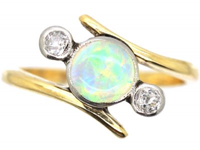 Edwardian 18ct gold & Platinum, Opal & Diamond Three Stone Crossover Ring
