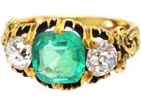 Victorian 18ct Gold, Emerald and Diamond Three Stone Ring