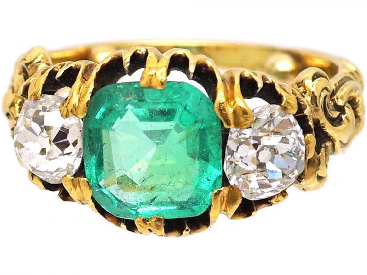 Victorian 18ct Gold, Emerald and Diamond Three Stone Ring