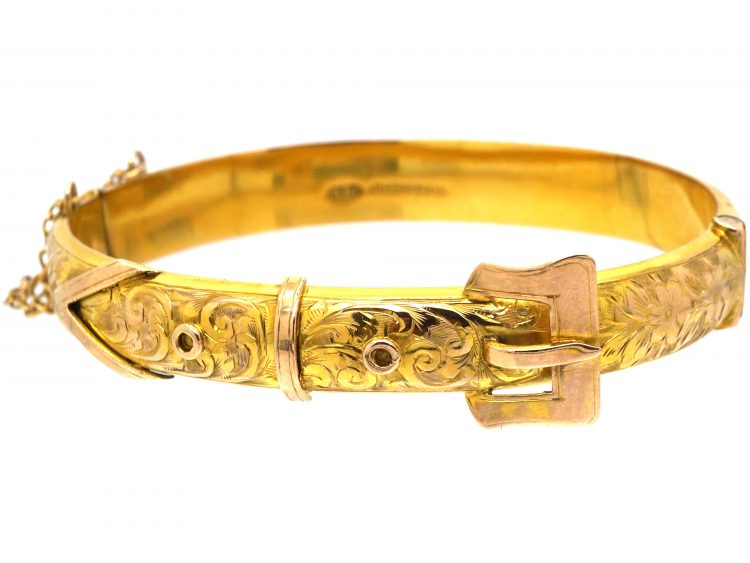 9ct Gold Buckle Bangle with Engraved Flower & Detail Assayed in 1918