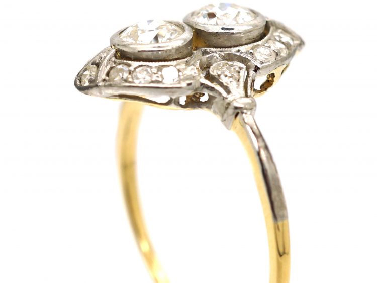 Art Deco 18ct Gold & Platinum, Two Stone Diamond Ornate Ring