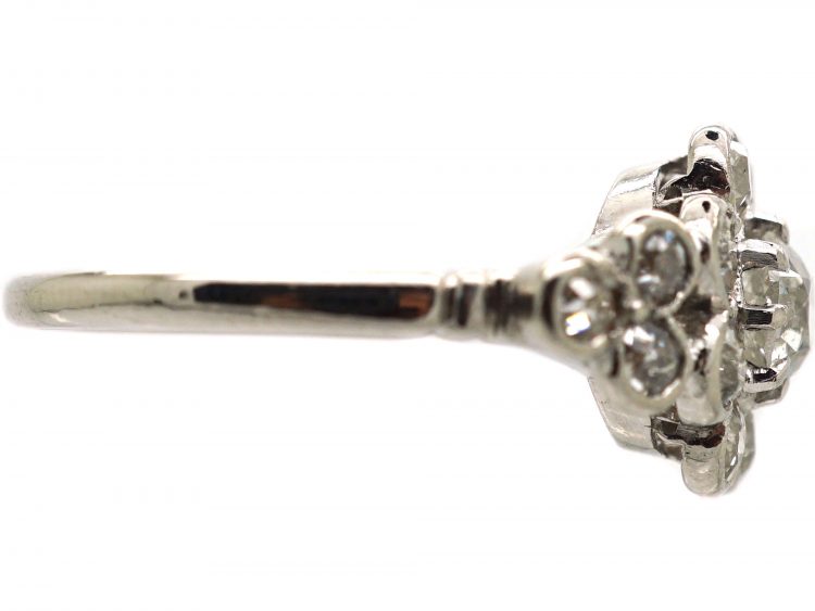 Edwardian 18ct White Gold, Diamond Daisy Cluster Ring with Triple Diamond Set Shoulders
