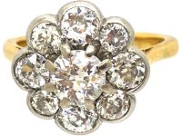 Edwardian 18ct Gold Large Rub Over Set Diamond Daisy Cluster Ring