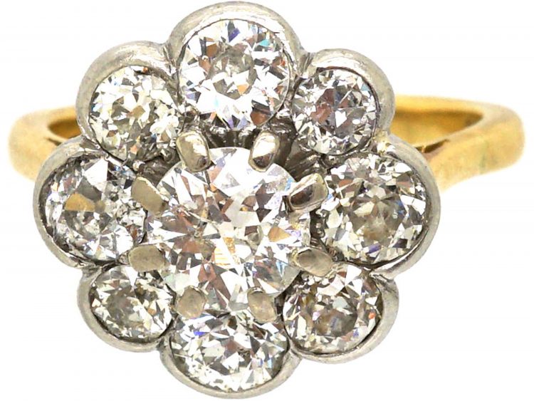 Edwardian 18ct Gold Large Rub Over Set Diamond Daisy Cluster Ring