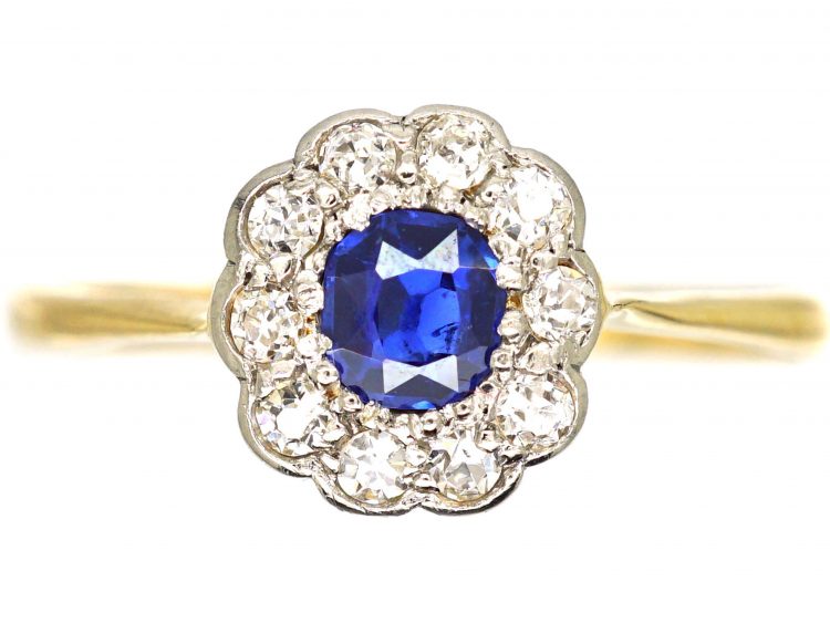 Edwardian 18ct Gold & Platinum, Sapphire & Diamond Cluster Ring