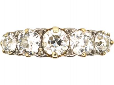 Victorian 18ct Gold Five Stone Diamond Carved Half Hoop Ring with Diamond Points