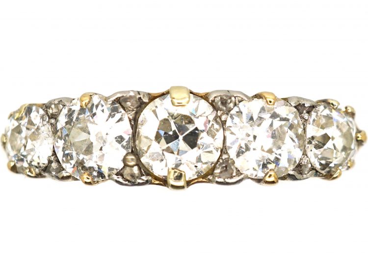 Victorian 18ct Gold Five Stone Diamond Carved Half Hoop Ring with Diamond Points