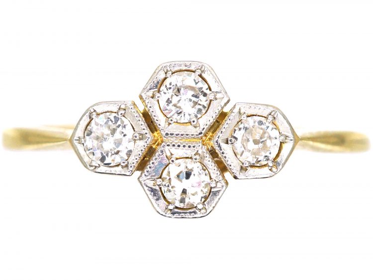 Art Deco 18ct Gold & Platinum, Four Stone Diamond Ring with Hexagonal Settings