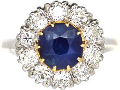 Retro 18ct White & Yellow Gold, Large Sapphire & Diamond Cluster Ring
