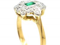 Art Deco 18ct Gold & Platinum, Emerald & Diamond Rectangular Shaped Ring