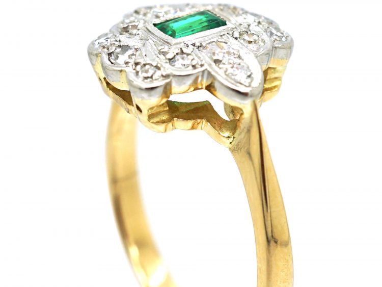 Art Deco 18ct Gold & Platinum, Emerald & Diamond Rectangular Shaped Ring