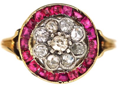 Art Deco 18ct Gold and Platinum, Ruby and Diamond Target Cluster Ring