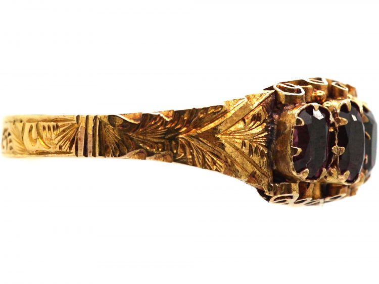 Victorian 15ct Gold, Five Stone Almandine Garnet Ring with Engraved Shank