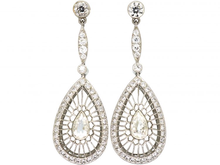 Art Deco Platinum & Diamond Openwork Drop Earrings