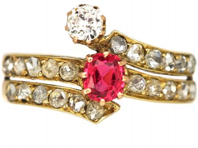 Art Deco Gold, Spinel and Rose Cut Diamond Wrap Around Ring