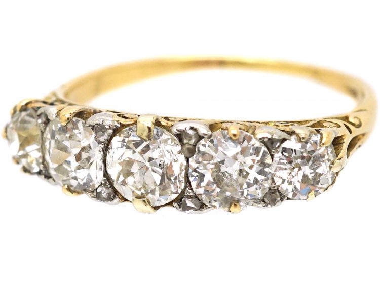 Victorian 18ct Gold Five Stone Diamond Carved Half Hoop Ring with Diamond Points