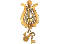 Georgian 9ct Gold & Coral Lyre Brooch with Lock & Key