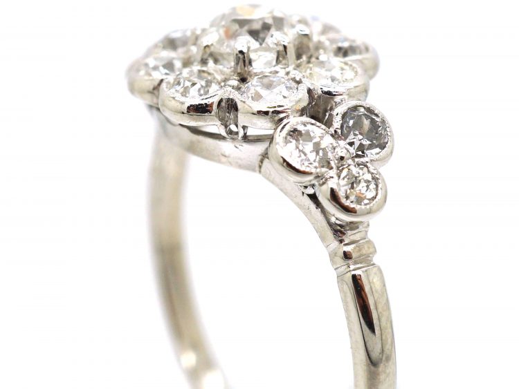 Edwardian 18ct White Gold, Diamond Daisy Cluster Ring with Triple Diamond Set Shoulders