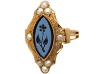 Victorian 18ct Gold Forget Me Not Ring set with Onyx & Natural Split Pearls