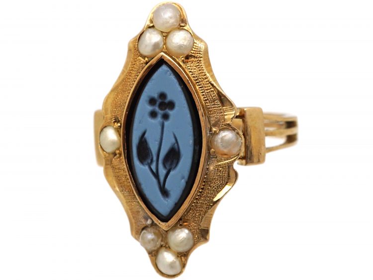 Victorian 18ct Gold Forget Me Not Ring set with Onyx & Natural Split Pearls