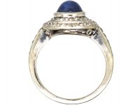 Art Deco Platinum, Cabochon Sapphire & Two Circle Diamond Ring