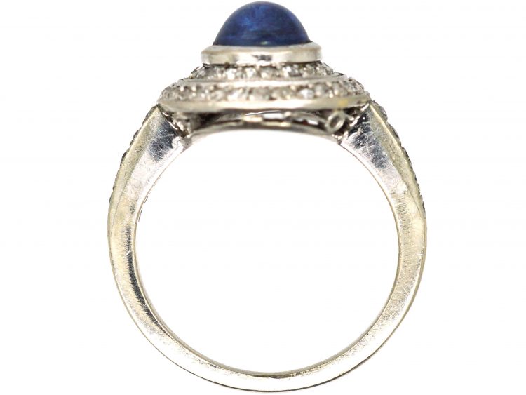 Art Deco Platinum, Cabochon Sapphire & Two Circle Diamond Ring