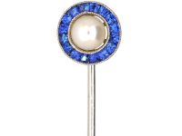 Art Deco Platinum, Calibre Sapphire & Pearl Round Tie Pin