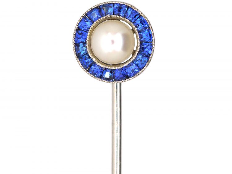 Art Deco Platinum, Calibre Sapphire & Pearl Round Tie Pin
