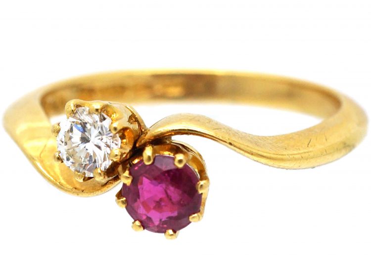 Edwardian 18ct Gold, Ruby & Diamond Crossover Ring
