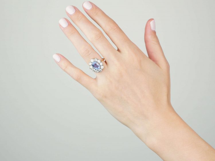 1950s 18ct Gold, Large Sapphire & Diamond Oval Cluster Ring