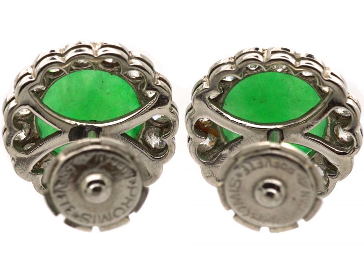 Art Deco 18ct White Gold, Jade & Diamond Cluster Earrings in Original Case
