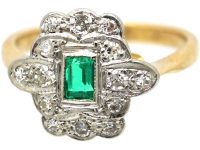 Art Deco 18ct Gold & Platinum, Emerald & Diamond Rectangular Shaped Ring