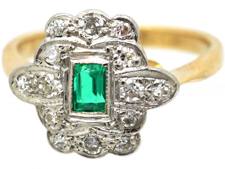 Art Deco 18ct Gold & Platinum, Emerald & Diamond Rectangular Shaped Ring