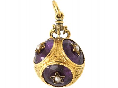 Victorian 15ct Gold, Amethyst & Natural Split Pearl Ball Pendant