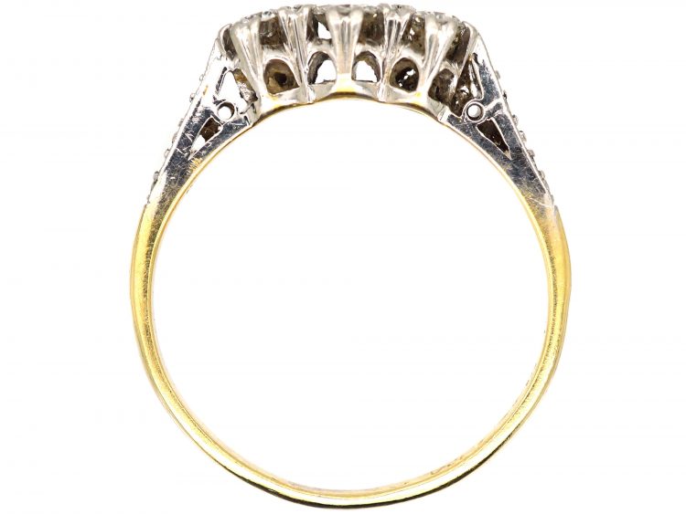Art Deco 18ct Gold & Platinum, Three Stone Diamond Ring with Diamond Set Shoulders