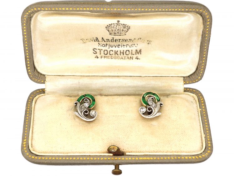 Pair of Early 20th Century Diamond and Demantoid Garnet Ear Studs, retailed by David-Andersen
