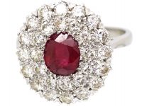 Retro 18ct White Gold, Ruby and Diamond Double Row Cluster Ring