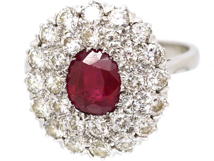 Retro 18ct White Gold, Ruby and Diamond Double Row Cluster Ring
